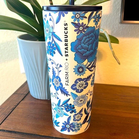 NWT Starbucks Farm Rio Limited Edition Blue & White Tropical Print Tumbl… - Picture 6 of 8